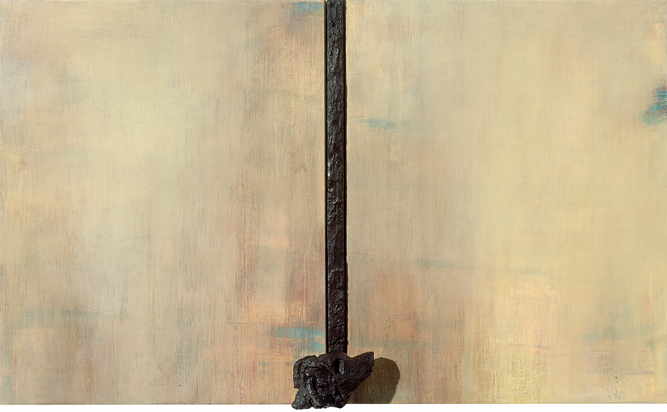 ZU F.G. [Hund], 2005/06; 3-teilig, öl/Leinwand, 2x: 100 x 80 cm; Bronze: 100 x 20,3 x 14 cm, gesamt: 100 x 165 x 145 