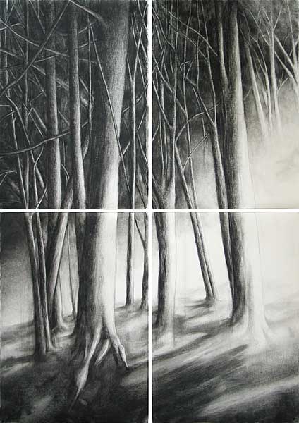 Aus der Serie MUSEUM DER SCHATTEN (DER WALD), 2007; Öl, Kohle/Papier, 4-teilig, je 100 x 70 cm, gesamt: 200 x 140 cm